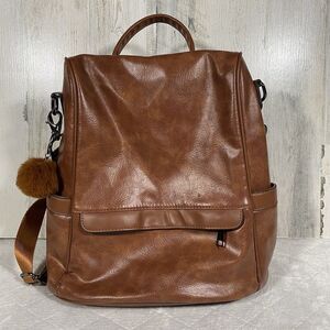 Women's Vegan Faux Brown Leather Backpack Festival Minimalist Travel City Bag